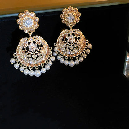 Medieval Vintage Hollowed Out Rhinestone Flower Pearl Tassel Drop Earrings - French Retro Court Style High-end Jewelry