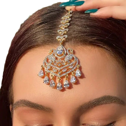 Elegant Geometric Forehead Chain - Indian Wedding Decoration, Bohemian Tassel Rhinestone Headpiece