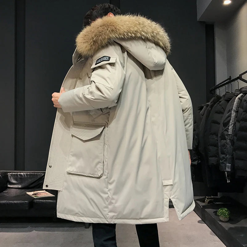 Winter Large Collar Men's Parka Down Jacket Men's Mid Length Thickened Warm White Duck down Men's And Women's Outerwear