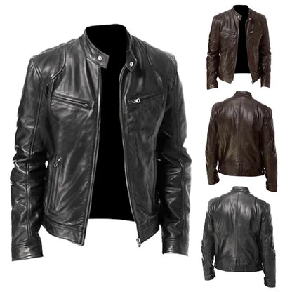 Men's Stand Collar Slimming Leather Jacket Zipper Pocket Decoration, Leather Motorcycle Coat