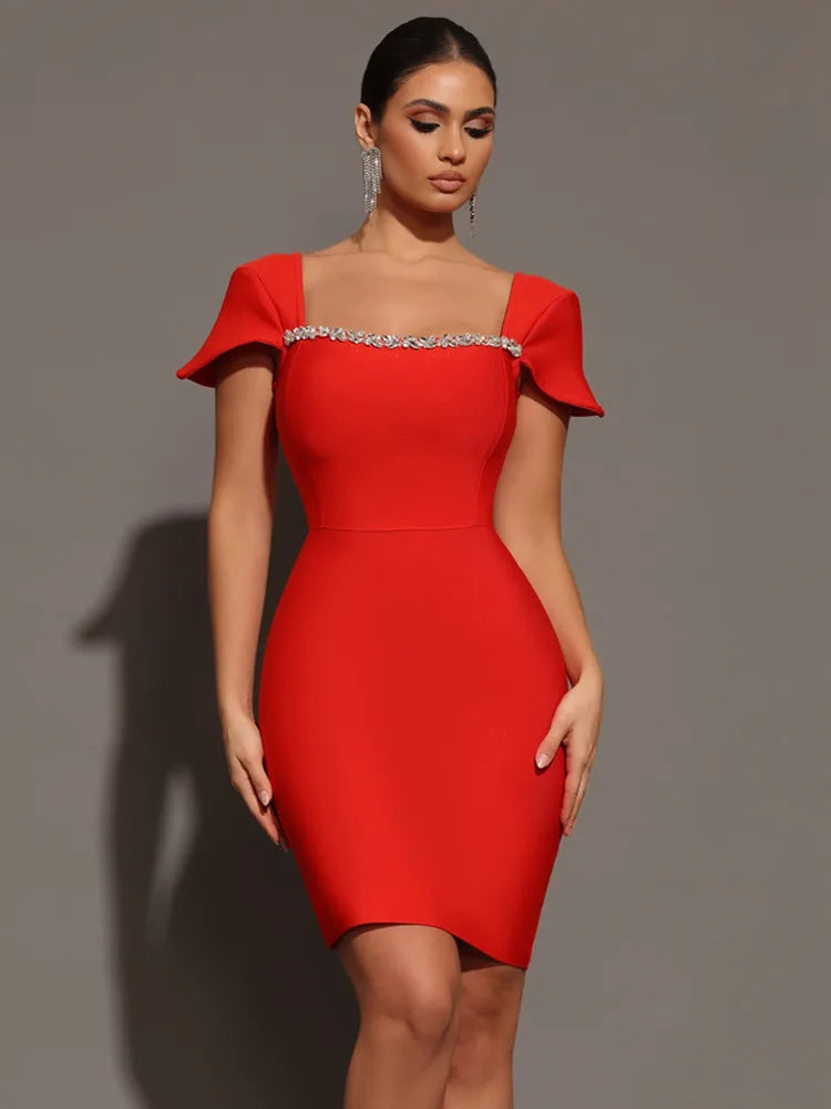 Women Celebrity Sexy Square Collar Black Red Mini Bodycon Bandage Dress 2024 Knitted Elegant Evening Club Party Outfit