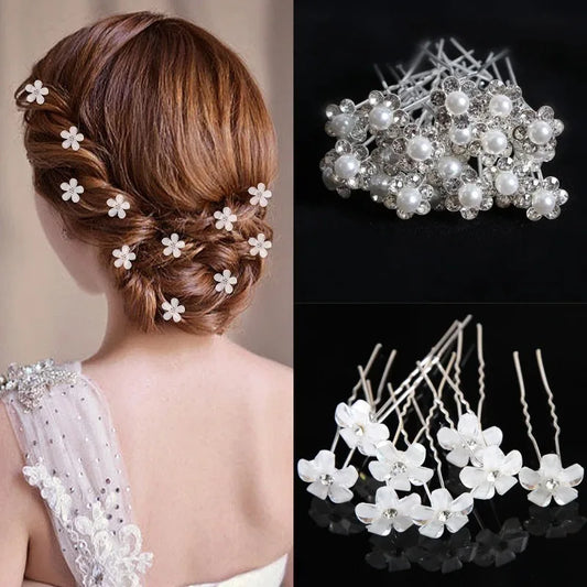 10 Pcs Fashion Wedding Bridal Pearl Flower and Clear Crystal Rhinestone Hair Pins