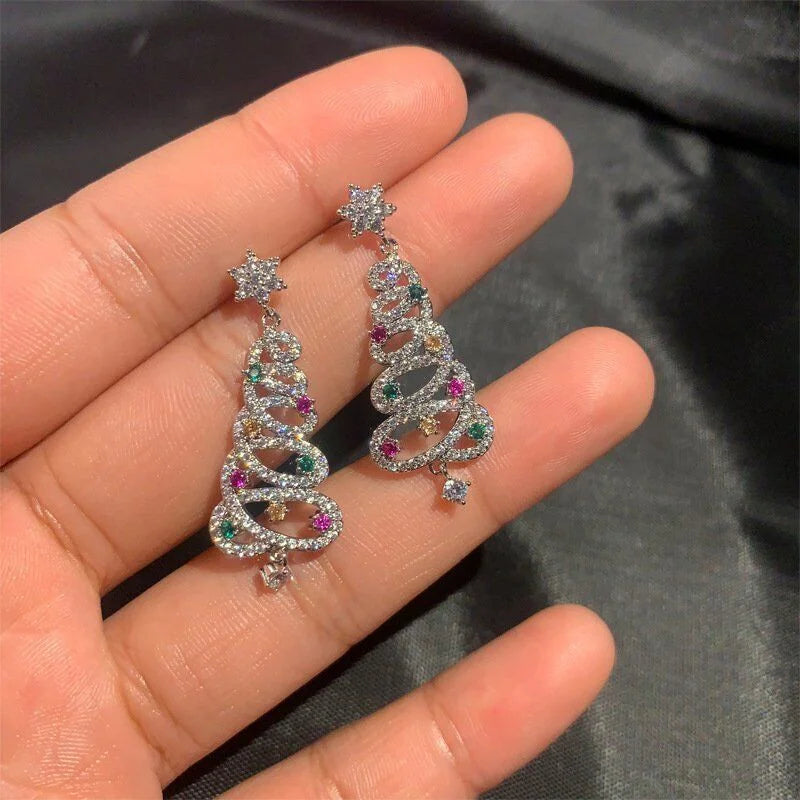 Fashion Christmas Tree Zircon Crystal Star Silver Color Earrings Stud Dangle Xmas Jewelry Women Party Gift