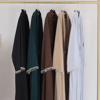 New Muslim Elegant Abaya Cuff Beading Islam Black Dress Dubai Long Woman Evening Robe Kaftan Moroccan Wedding Caftan Ramadan