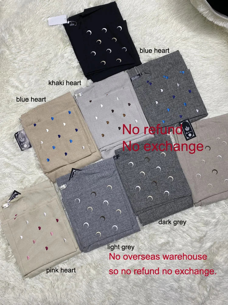 Ramadan Linen Open Abayas for Women with Heart Moon Embroidery One Piece with Bat Sleeve Kaftan Muslim Clothing no Hijab