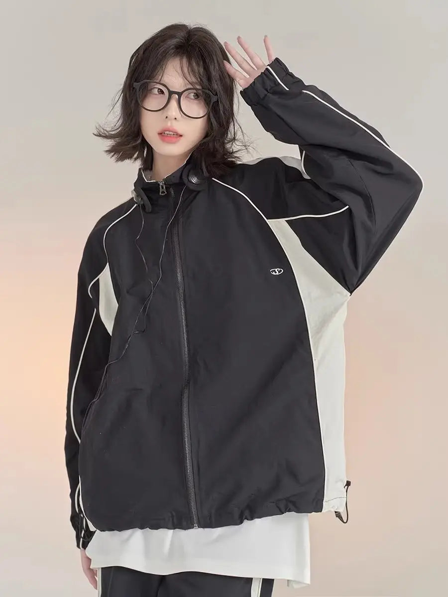 Color Blocking Men's Women's Spring Autumn Style Drawstring Sports Jacket Stand Collar Windbreaker Baseball Uniform