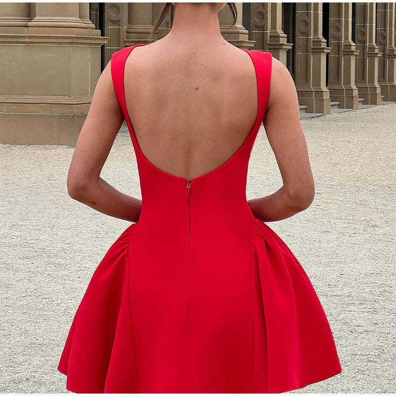 Women Red High Waist A-line Mini Dresses Elegant Zipper Backless Fashion O Neck Slim Fit Robes Sexy 2024 Autumn Club Party Gowns