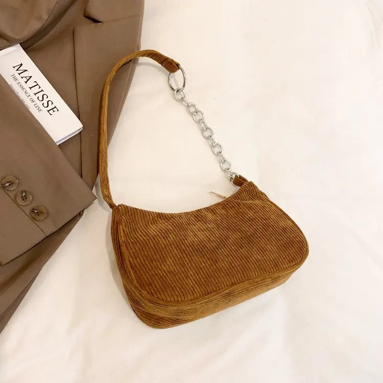 Autumn And Winter New Portable Small Square Bag Stuffed Shoulder Fashion Retro Corduroy Underarm Baguette Bag Handbag