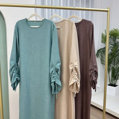 Saudi Arabia Muslim Wiomen Modest Dress Eid Dubai Plain Abaya Islamic Holiday Party Solid Turkey Lace-up Cuffs Long Clothes