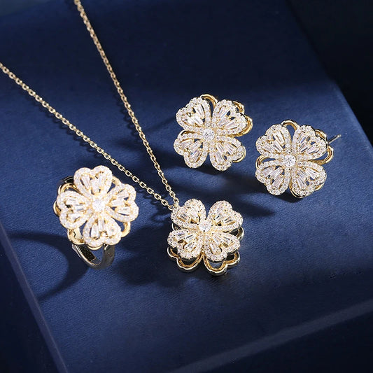 3pcs Luxury Rotatable Flower Pendant Set Gold Color