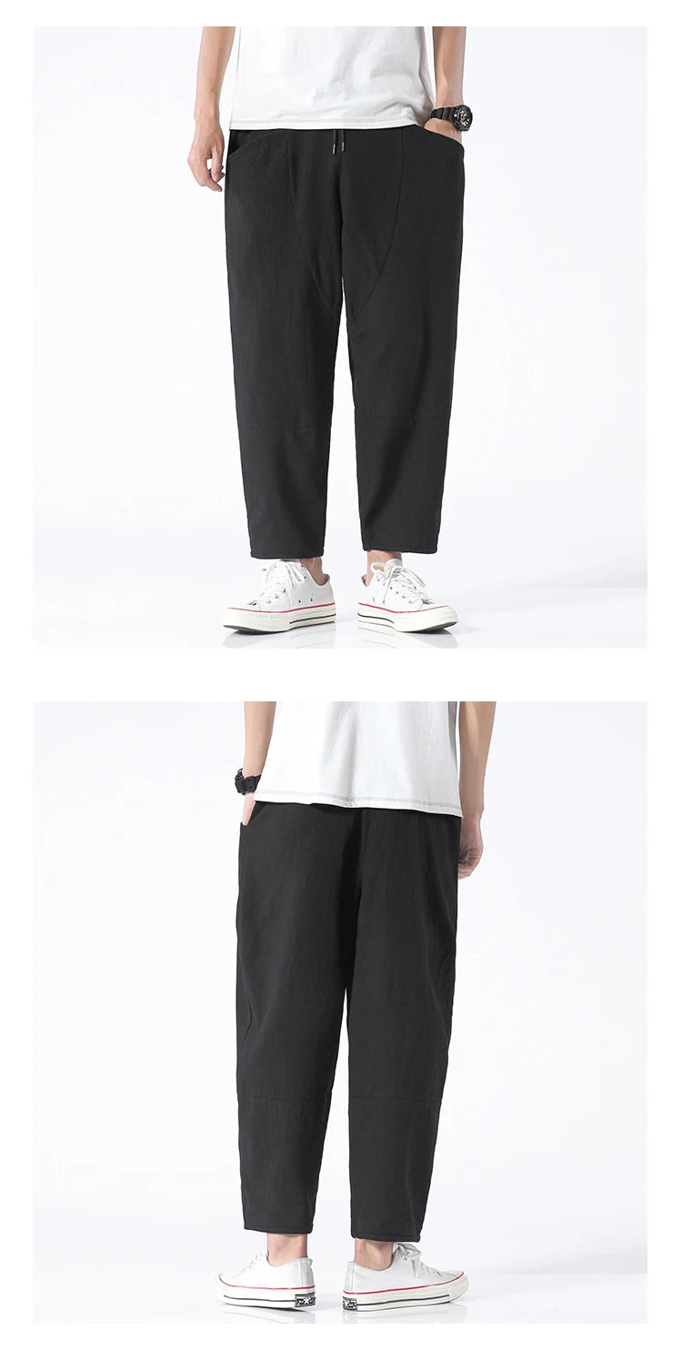 100% Cotton Summer Casual Pants for Men - Trendy Japanese Style Cropped Loose-Fit Pants, Available in Size 5XL