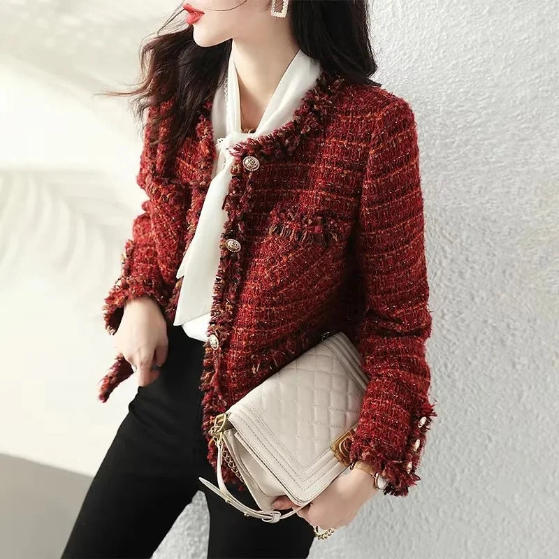 New Autumn Jacket French High end Temperament Red Fragrant Coat Women Short Thick Tweed Outwear Female Cropped Jacket Tops