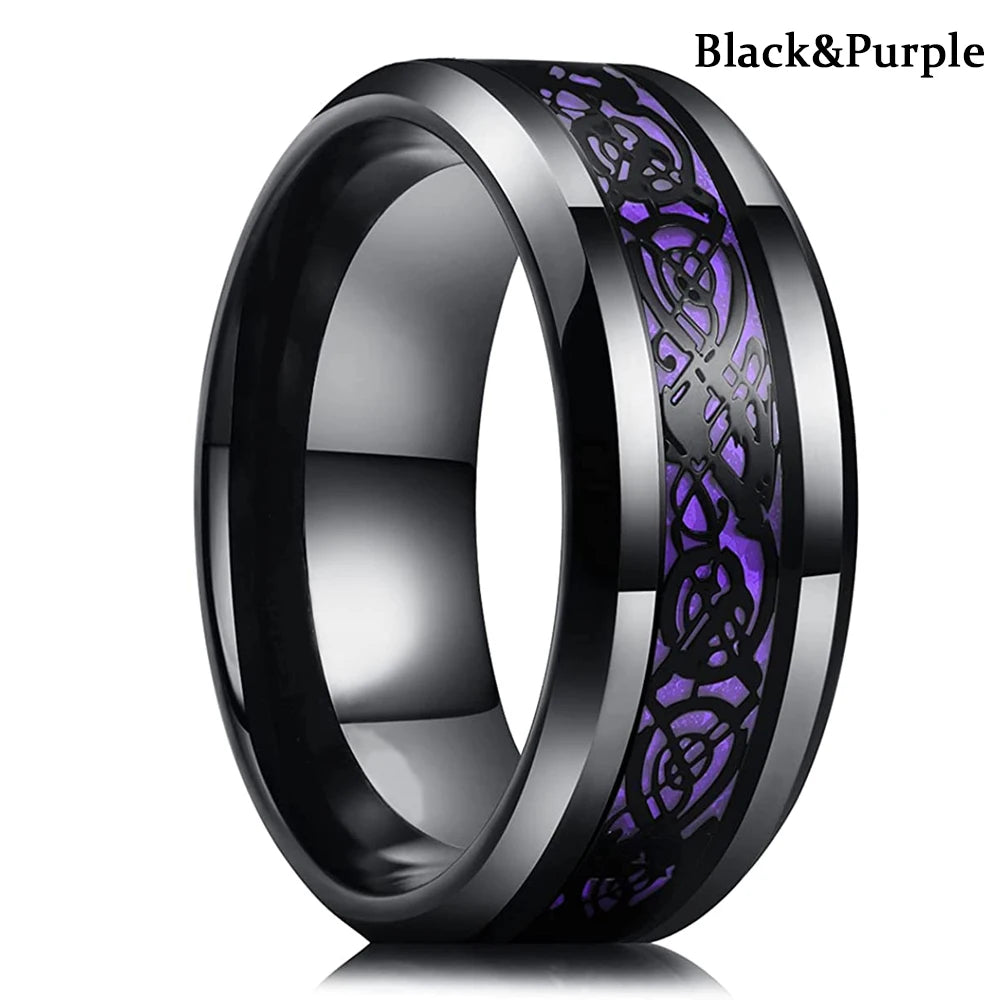 10 Colors 8mm Men's Stainless Steel Celtic Dragon Ring Inlay Red Green Black Carbon Fiber ring Wedding Band Jewelry Size 6-13