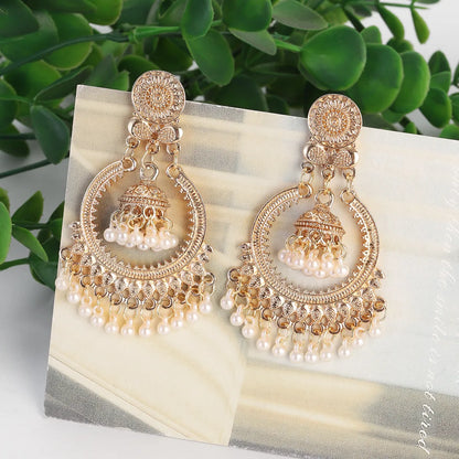 Classic Vintage Gold Round Dangle Earrings for Women - Bohemian Flower Bells, Pearl Tassel Jhumka