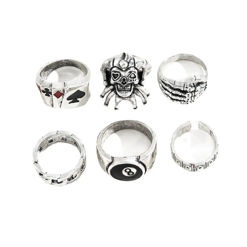 6Pcs Punk Poker Joker Silver Color Rings for Men Goth Skeleton Billiards Set Couple Emo Fashion Jewelry Gift