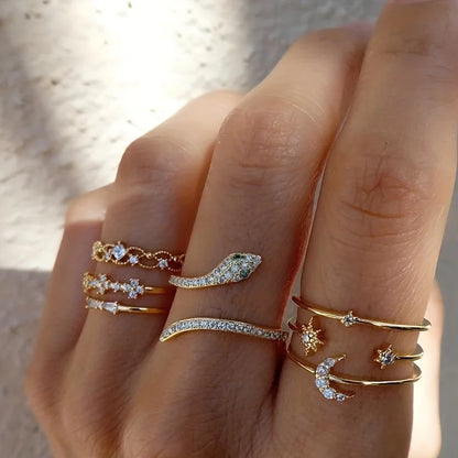 10Pcs Rings Suit For Women Silver-color Chain Ring Set Bohemian Style Coin Snake Moon Star Party Trend Gift Jewelry