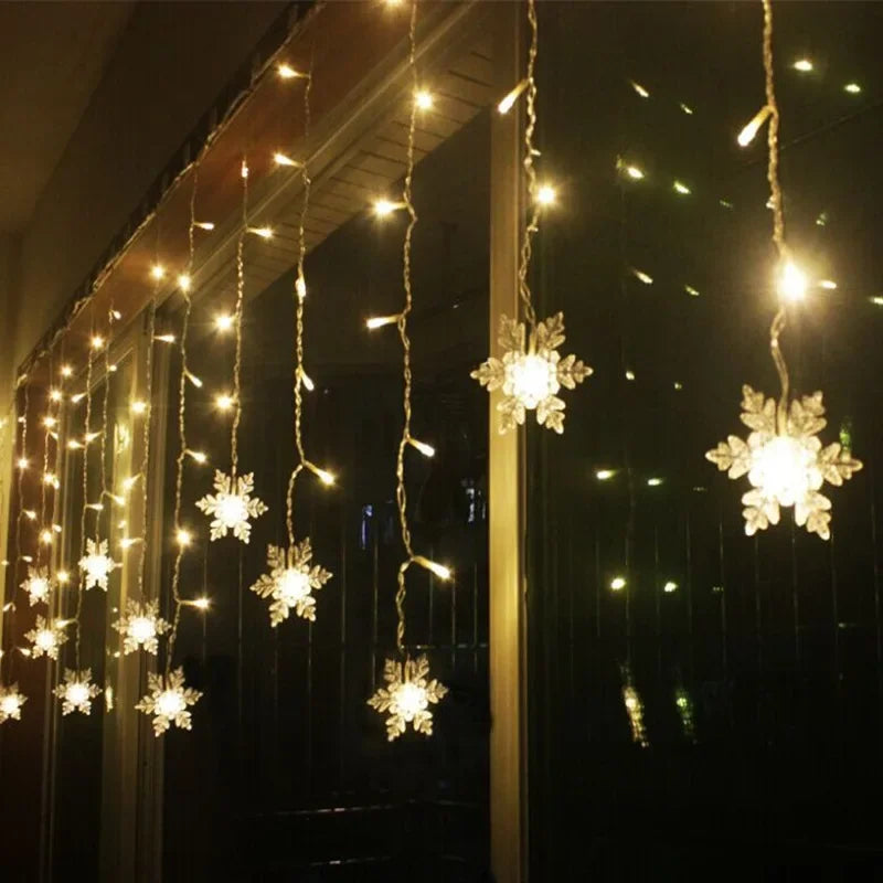 Christmas Decorations 2024 Snowflake Window Curtain Garlands Led Icicle Fairy Lights Flashing 8 Modes EU-Plug New Year