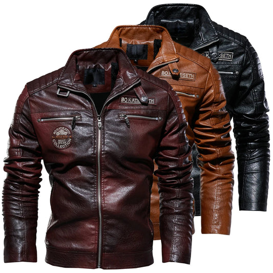 Leather Jacket Men Winter Fleece Motorcycle Faux Leather Jacket Removable Fur Collar Windbreaker, Slim Coat