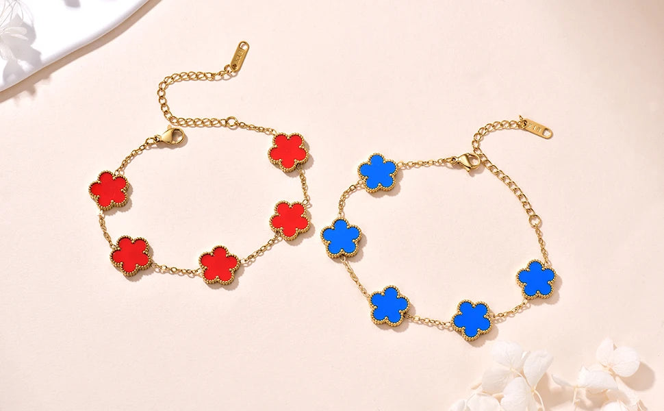 14K Gold Plated Five-leaf Clover Link Bracelets White Black Blue Gold Red Green Lucky Bracelets Jewelry Gifts Trendy for Women