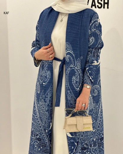 Autumn Women's Long Coat, Retro Printed Long Sleeved Muslim Abaya Saudi Fashion Wrinkled Waist Belt