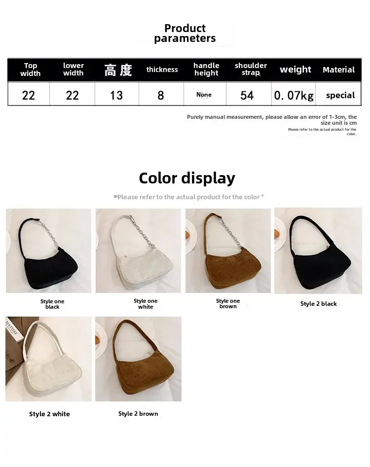 Autumn And Winter New Portable Small Square Bag Stuffed Shoulder Fashion Retro Corduroy Underarm Baguette Bag Handbag