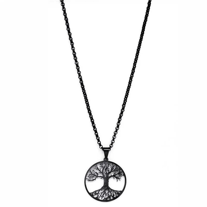 Tree of Life Stainless Steel Long Necklace for Men Black Color Necklaces & Pendants Jewelry