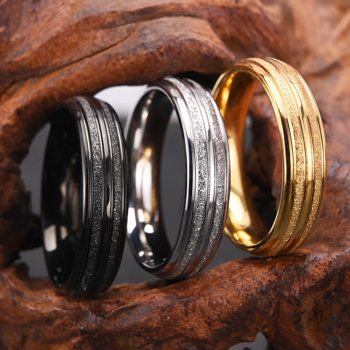 6mm Golden/Black/Silvery Classic Brushed Stainless Steel Ring for Daily Fashion Wear, Comfortable Men's and Women's Rings