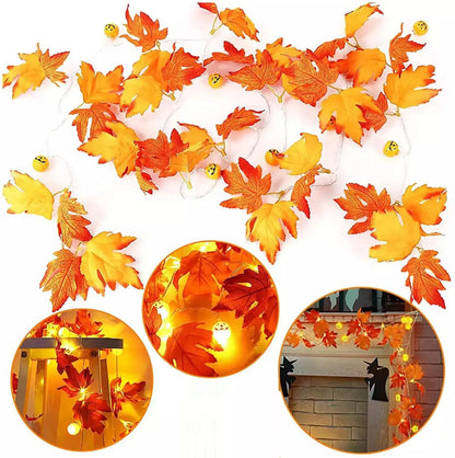 Artificial Autumn Maple Leaves Pumpkin Garland LED Fairy String Light Fall Thanksgiving Decorations Halloween Party DIY Supplies