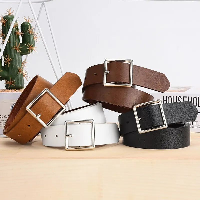 2023 Women'S Belt Soft Pu Leather Belt Square Buckle Pin Buckle Jeans Black Belt Chic Luxury Brand Fancy Vintage Strap Female