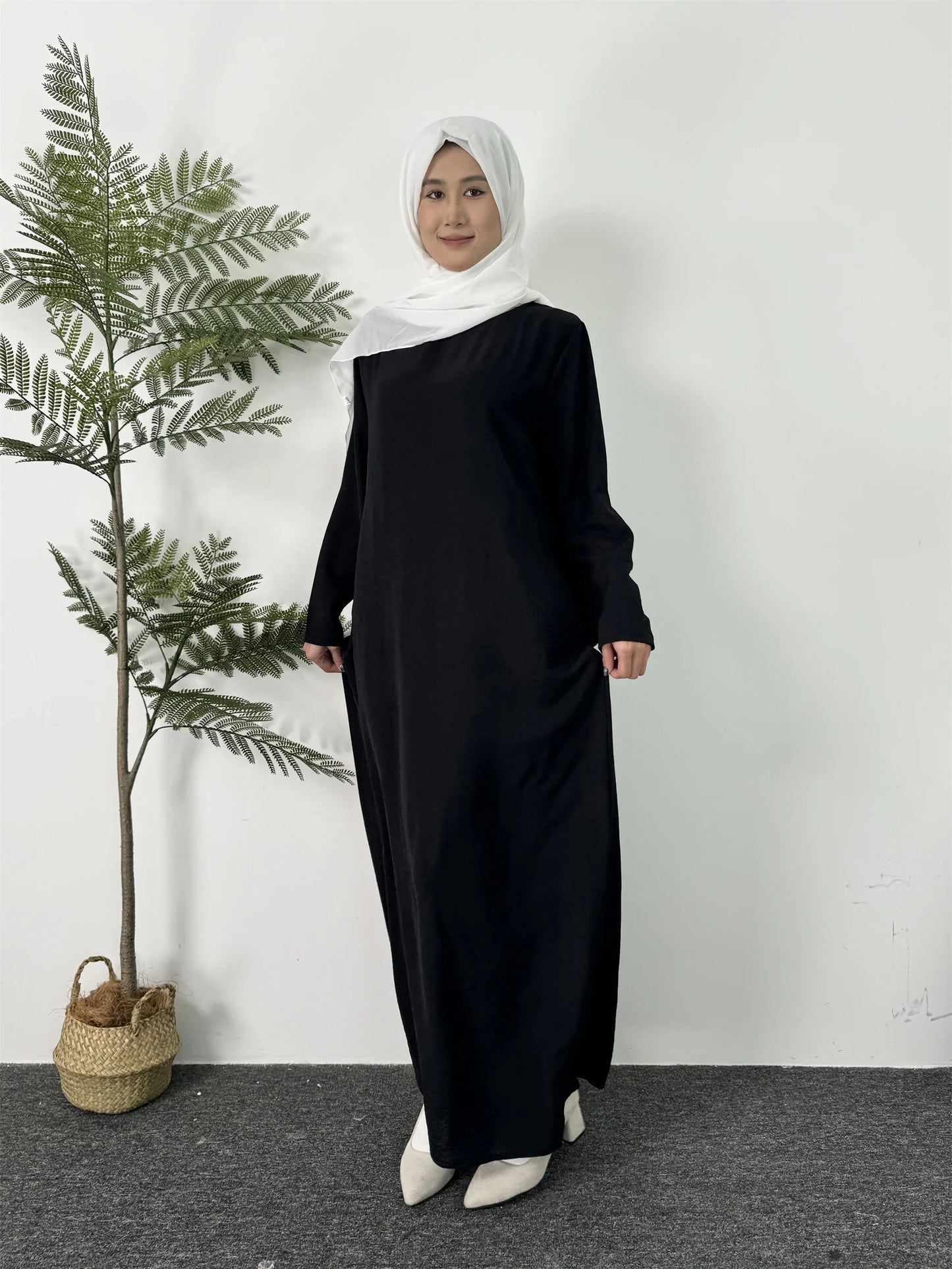 Women Long Dresses Ramadan Crew Neck Kaftan, Solid Elegant Long Sleeve Muslim Abaya Loose Maxi Dress, Women's Clothing