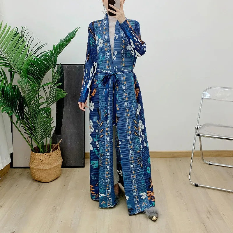 Abaya Mosong Fashion Miyake Pleated Spring and Autumn New Long Sleeve Scarf Collar Print Long Robe