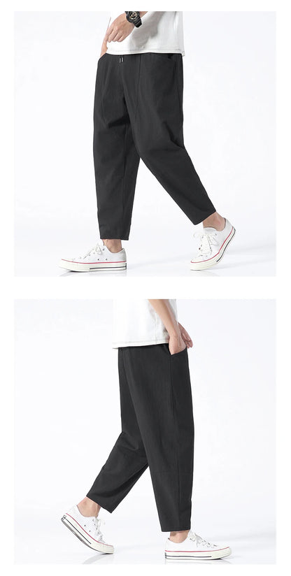 100% Cotton Summer Casual Pants for Men - Trendy Japanese Style Cropped Loose-Fit Pants, Available in Size 5XL