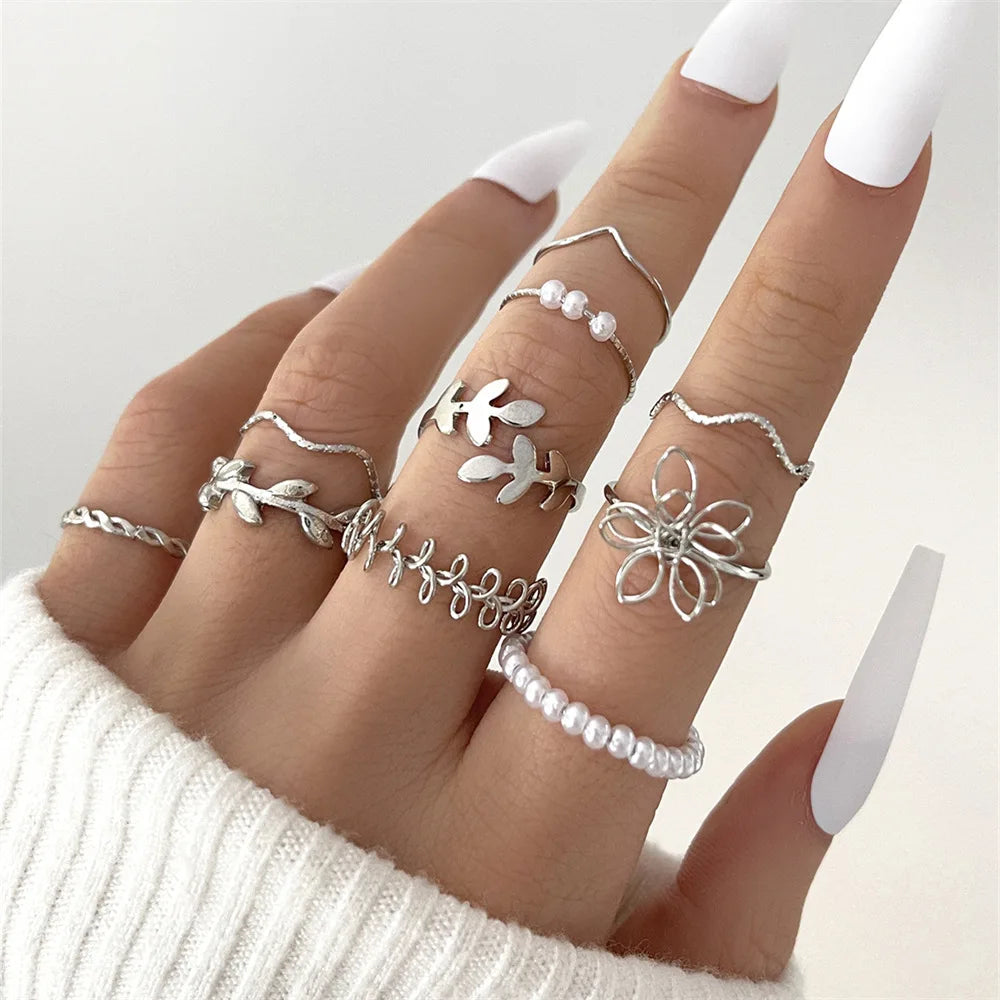 10Pcs Rings Suit For Women Silver-color Chain Ring Set Bohemian Style Coin Snake Moon Star Party Trend Gift Jewelry