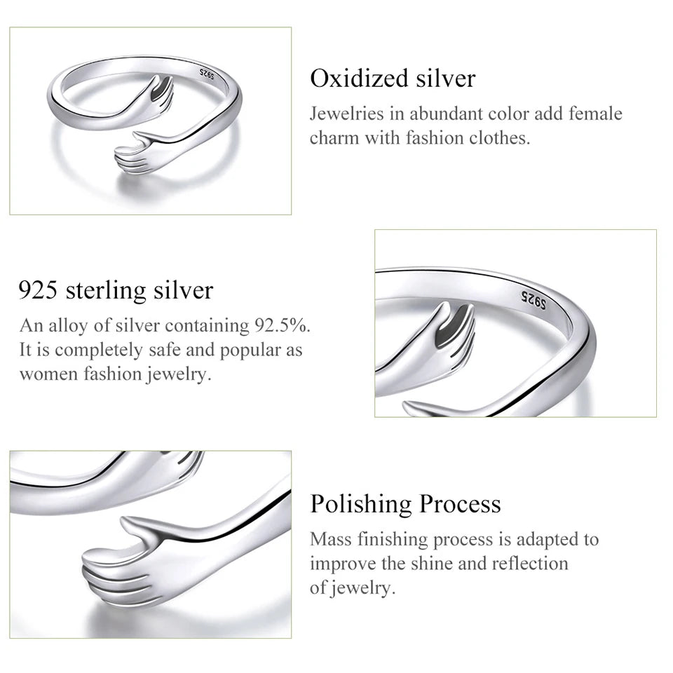 925 Sterling Silver Hug Warmth and Love Hand Adjustable Ring for Women Party Jewelry, His Big Loving Hugs Ring 3 Colors