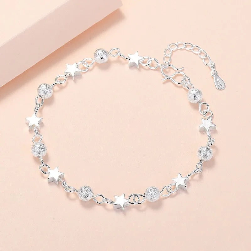 925 Sterling Silver Stars Bracelets For Women Fashion Korean Designer Frosted Bead Bracelet Beautiful Party Wedding Jewelry Gift