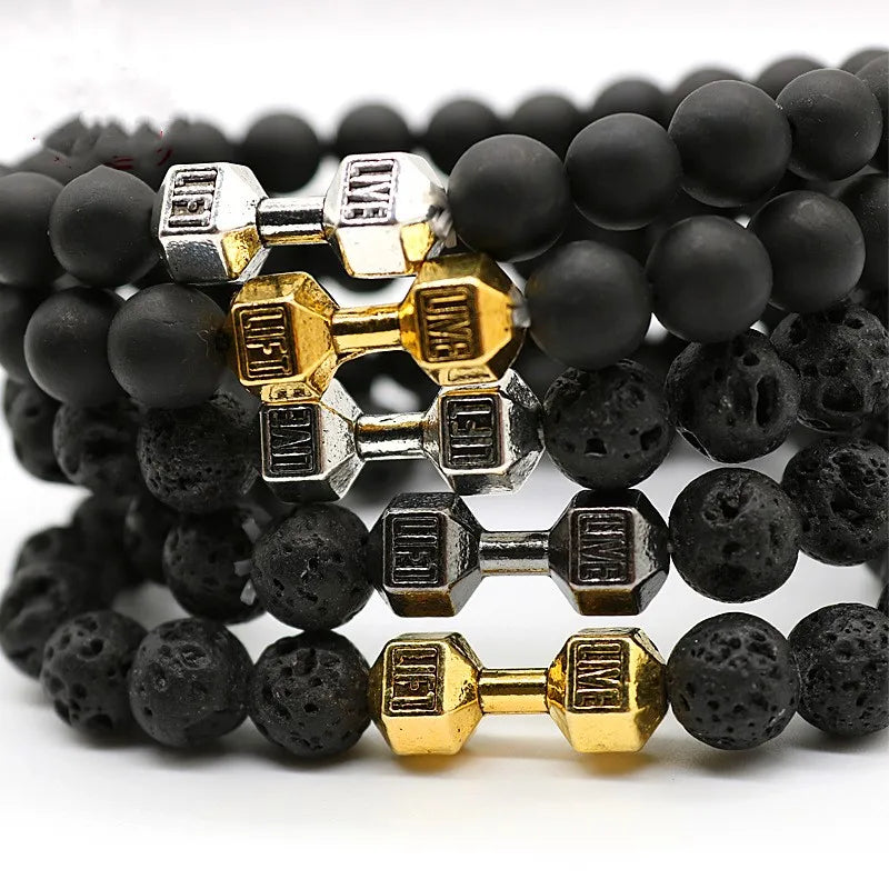 Natural Black Volcanic Lava Stone Dumbbell Bracelet black Matte Beads Bracelets For Women Men Fitness Barbell Jewelry Pulseras