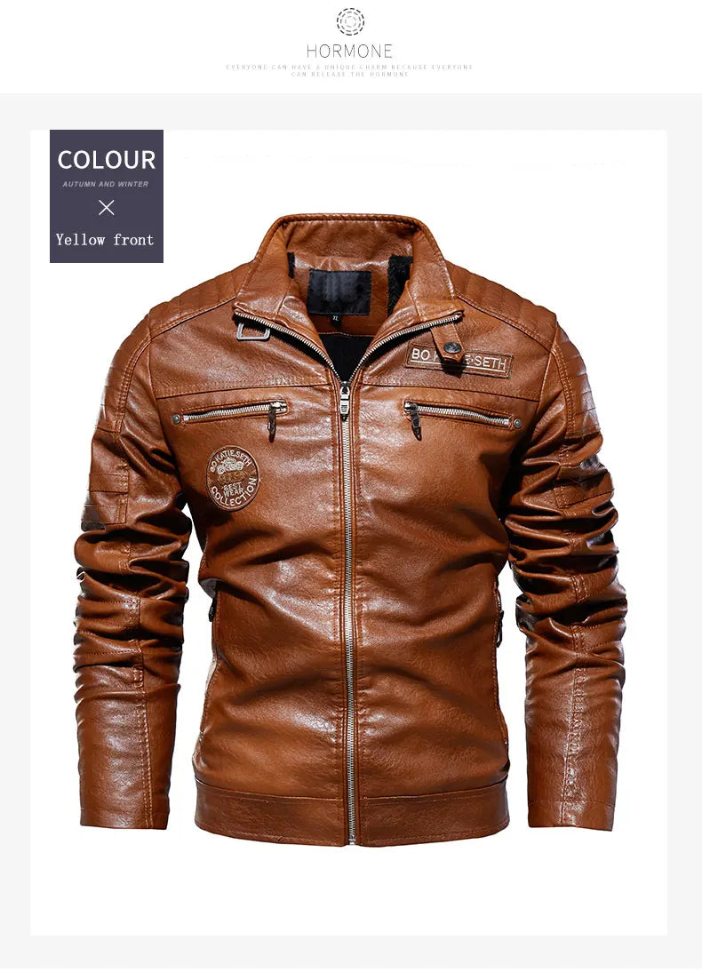 Leather Jacket Men Winter Fleece Motorcycle Faux Leather Jacket Removable Fur Collar Windbreaker, Slim Coat