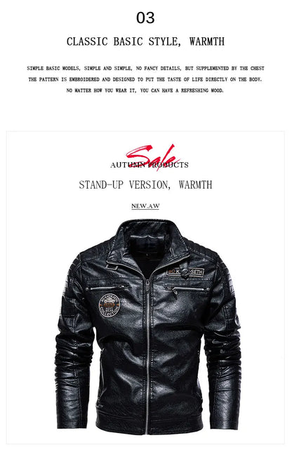 Leather Jacket Men Winter Fleece Motorcycle Faux Leather Jacket Removable Fur Collar Windbreaker, Slim Coat