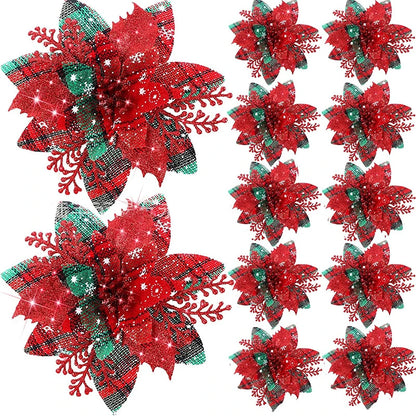 5pcs 14.5cm Glitter Artifical Christmas Flowers Mreey Christmas Tree Decoration Happy New Year Ornaments Xmas Fake Flowers natal