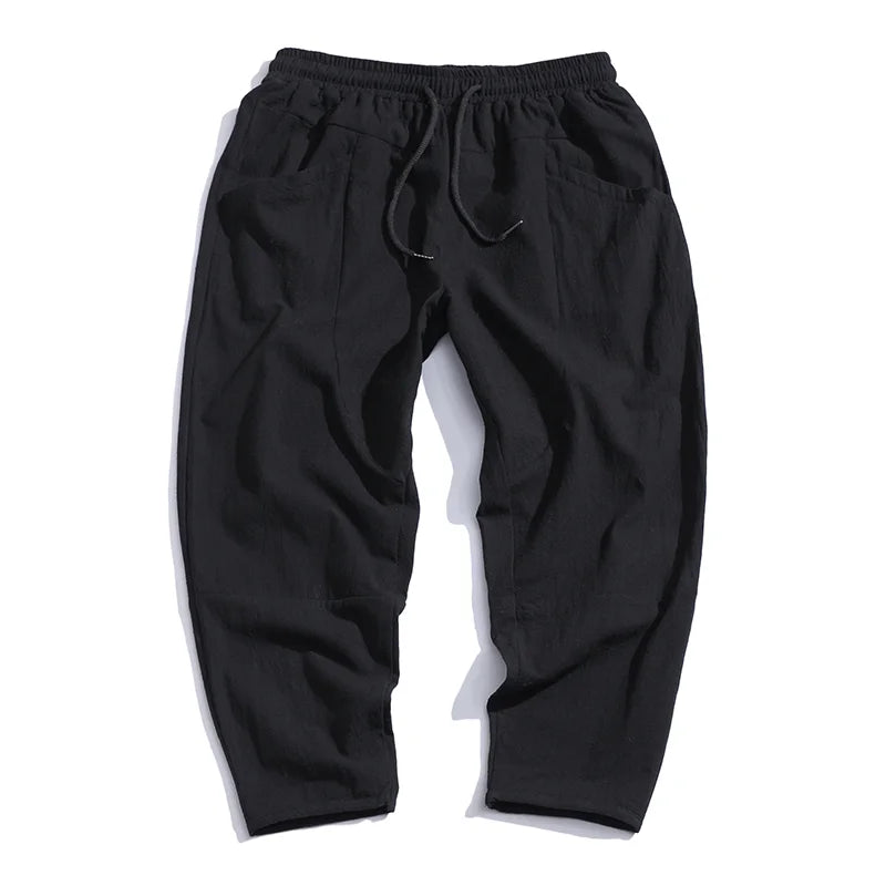 100% Cotton Summer Casual Pants for Men - Trendy Japanese Style Cropped Loose-Fit Pants, Available in Size 5XL