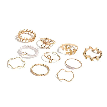 Bohemian Wave Flower Rings Set For Women Vintage Geometric Pearl Butterfly Metal Chain Knuckle Rings 2024 Trendy Jewelry Gift