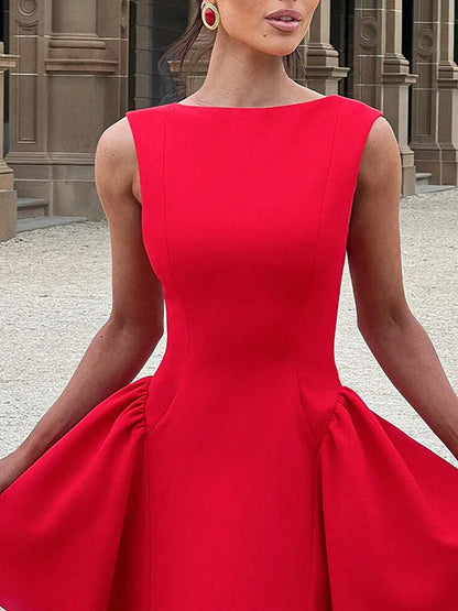 Women Red High Waist A-line Mini Dresses Elegant Zipper Backless Fashion O Neck Slim Fit Robes Sexy 2024 Autumn Club Party Gowns