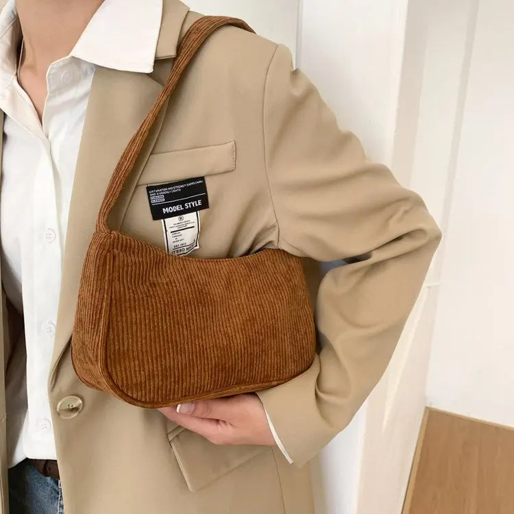 Autumn And Winter New Portable Small Square Bag Stuffed Shoulder Fashion Retro Corduroy Underarm Baguette Bag Handbag