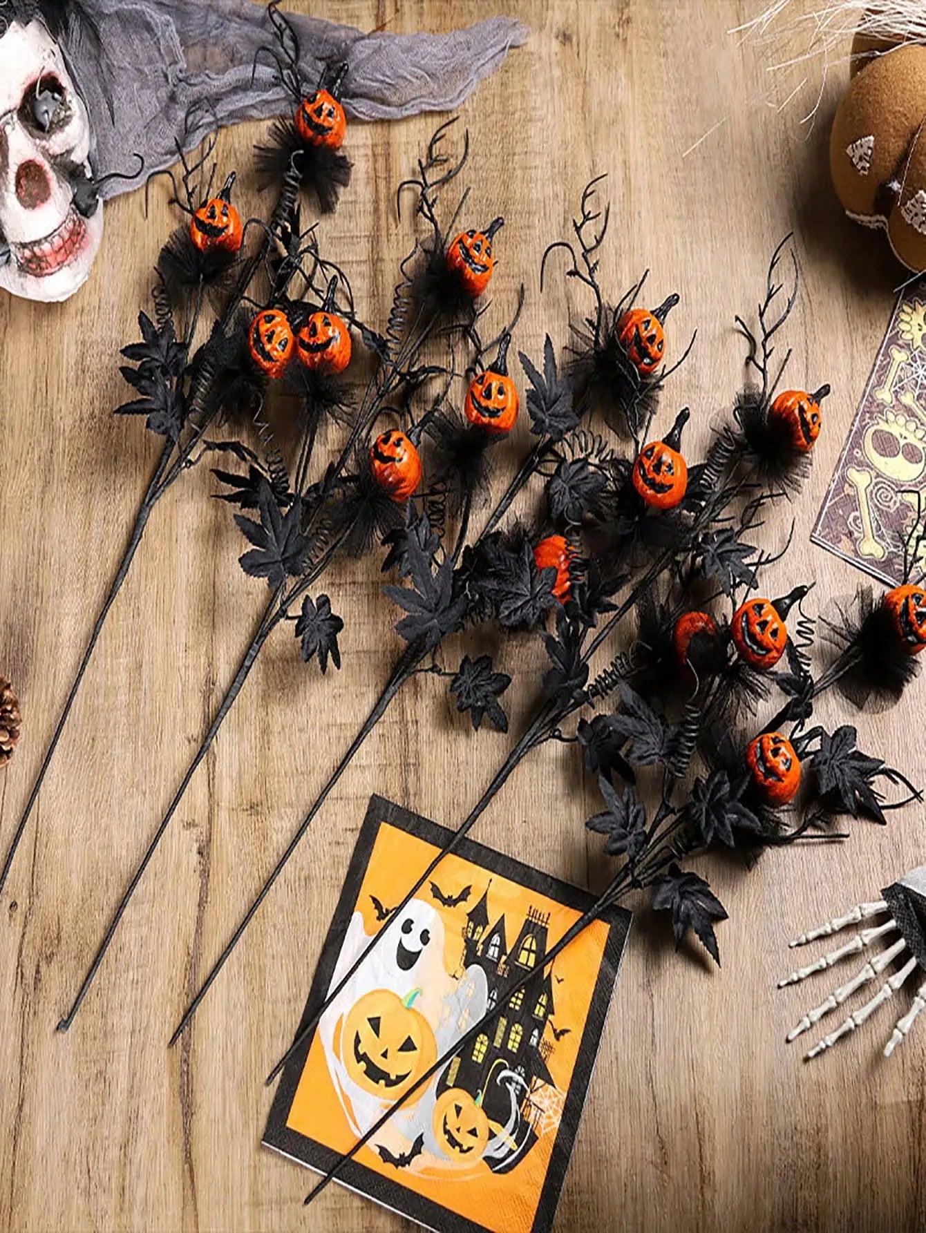 1pc Halloween Decorations, 18.5Inch Artificial Pumpkin Maple Leaf Floral Stems Decoration Black Scary Pumpkin Bouquet