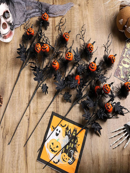 1pc Halloween Decorations, 18.5Inch Artificial Pumpkin Maple Leaf Floral Stems Decoration Black Scary Pumpkin Bouquet