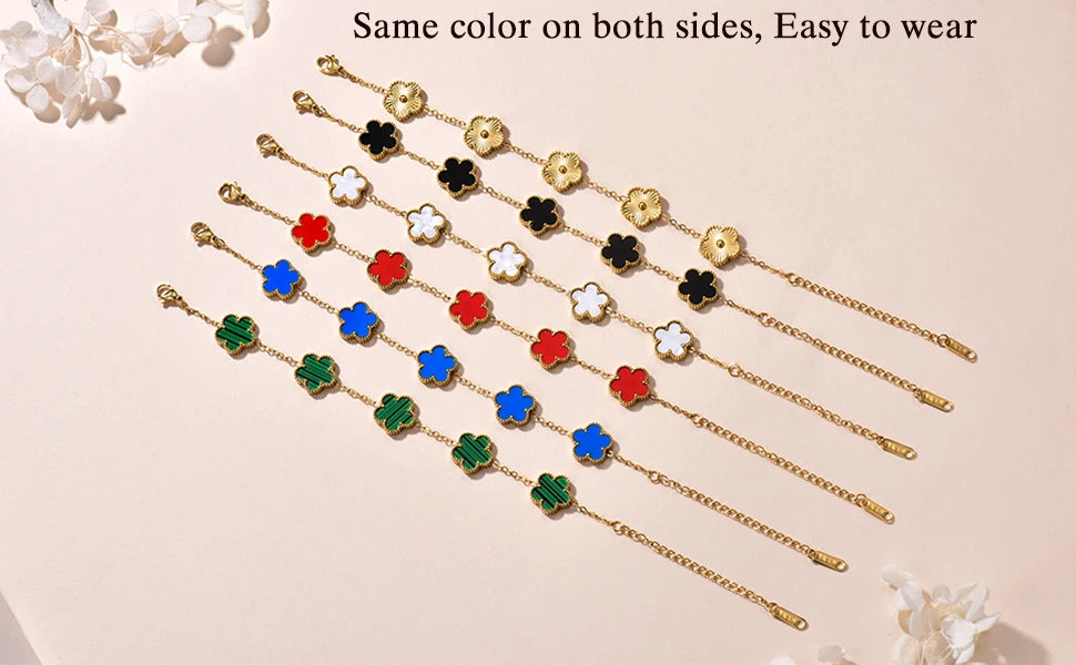 14K Gold Plated Five-leaf Clover Link Bracelets White Black Blue Gold Red Green Lucky Bracelets Jewelry Gifts Trendy for Women