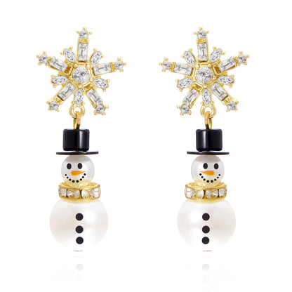 Fashion Christmas White Snowman Pearl Drop Earrings for Women Cute Rhinestone Snowflake Earring Jewelry New Year Holiday Gifts