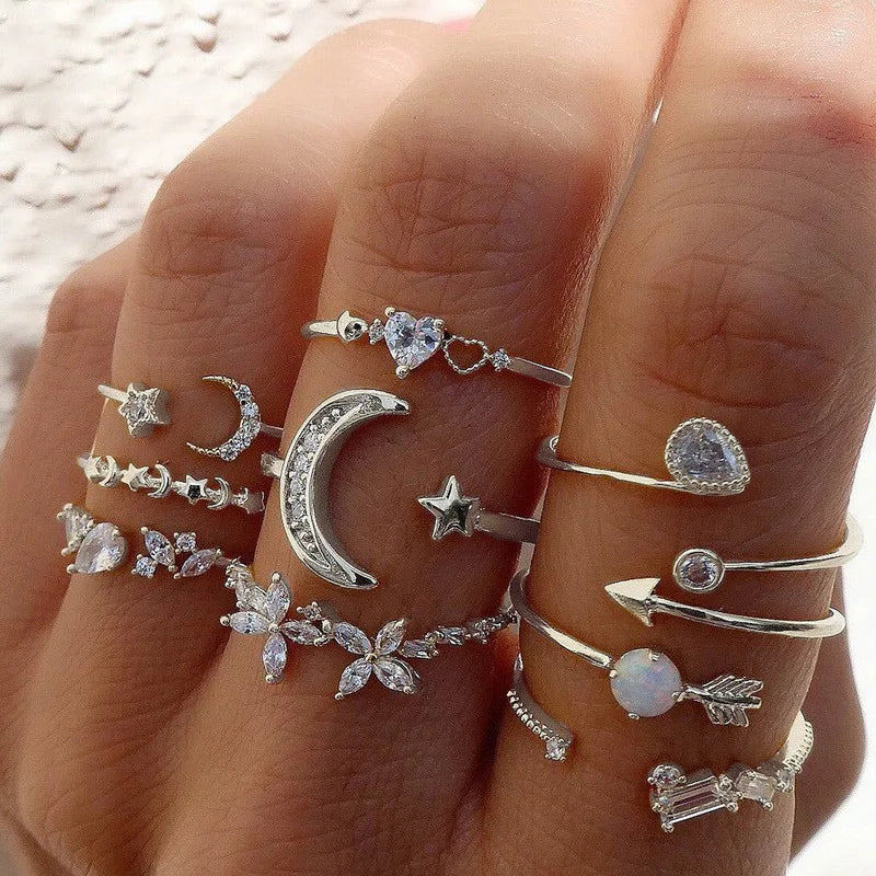 10Pcs Rings Suit For Women Silver-color Chain Ring Set Bohemian Style Coin Snake Moon Star Party Trend Gift Jewelry