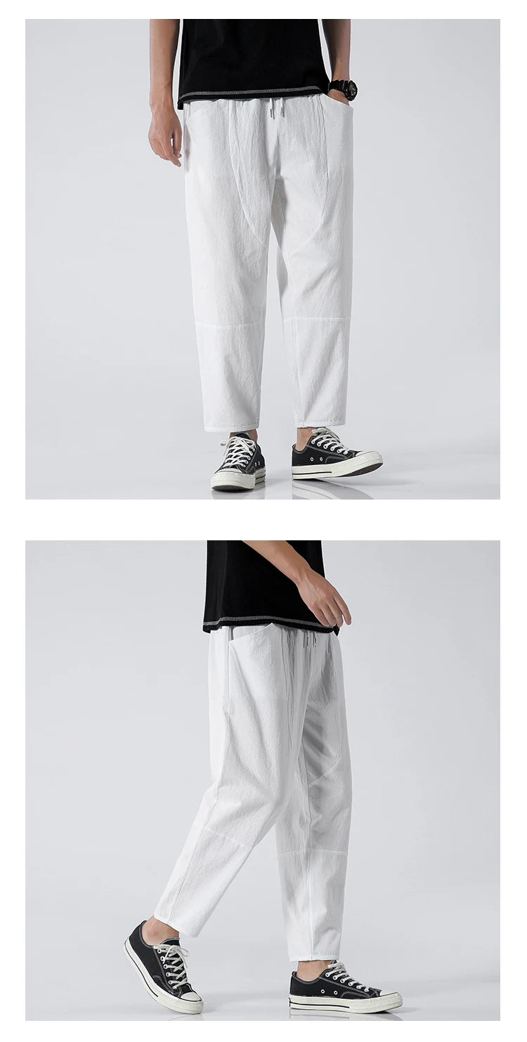 100% Cotton Summer Casual Pants for Men - Trendy Japanese Style Cropped Loose-Fit Pants, Available in Size 5XL