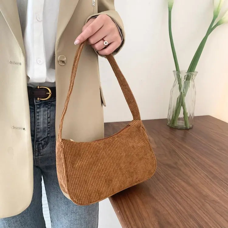 Autumn And Winter New Portable Small Square Bag Stuffed Shoulder Fashion Retro Corduroy Underarm Baguette Bag Handbag